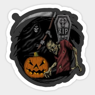 Scary pumpkin zombie Halloween grim reaper Trick or treat Sticker